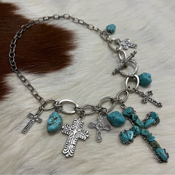 Turquoise Silver Cross Necklace - Picture 2 of 9